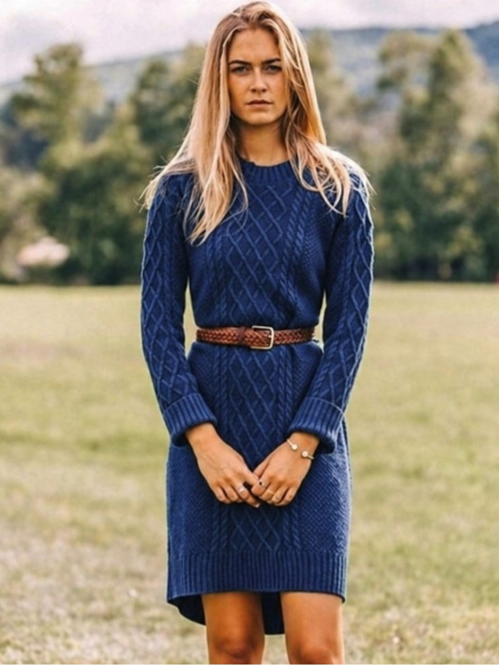 Kiel James Patrick Navy Cable-Knit Sweater Dress